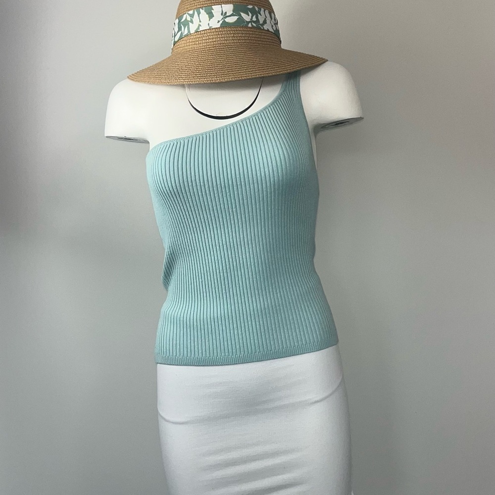 Wayf One-Shoulder Ribbed Tank Top - Light Aqua